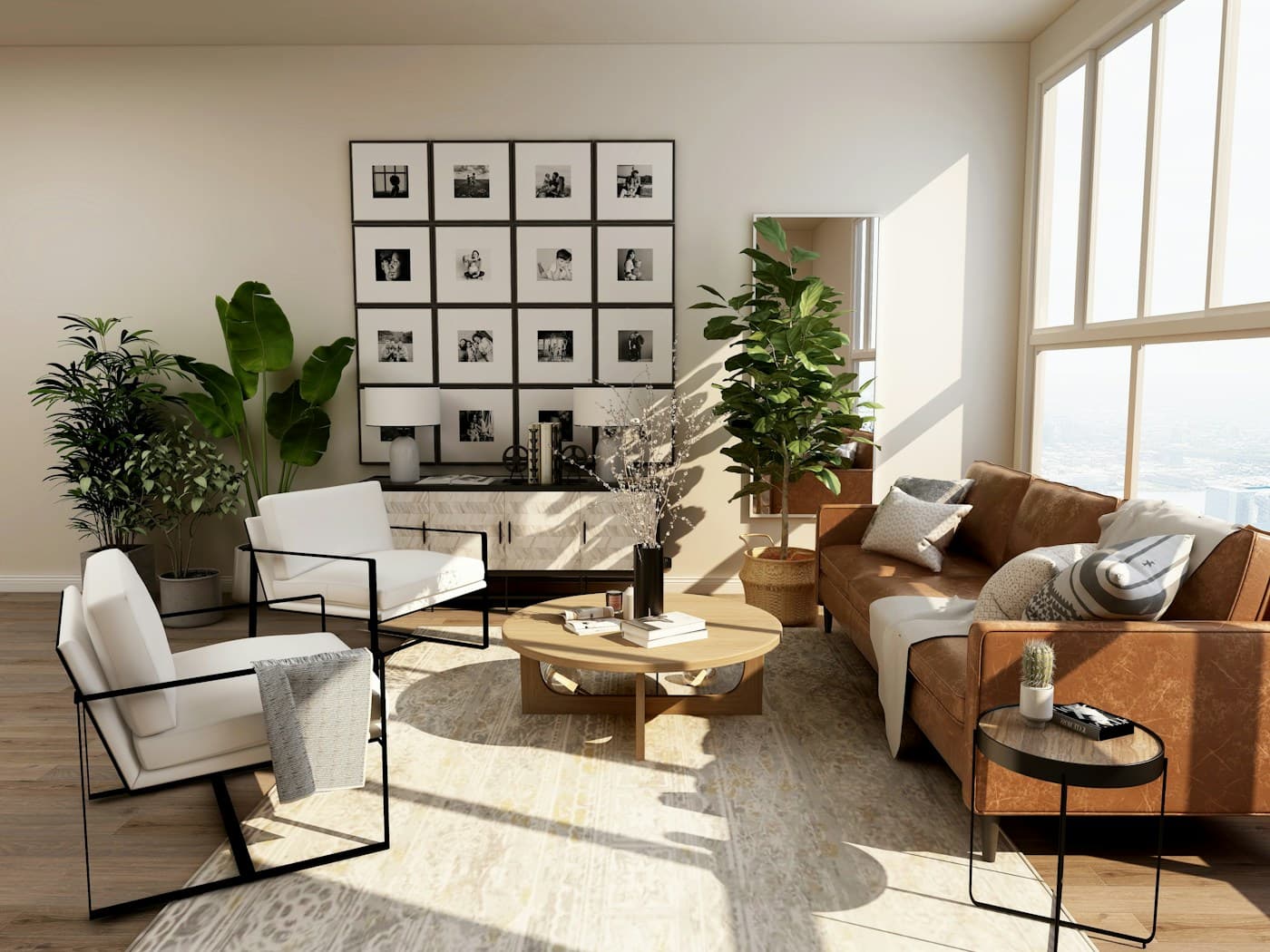 Lichte woonkamer met natuurlijke materialen, in een fictief websiteontwerp